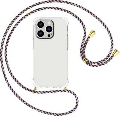 Produktbild von Handykette Backcover-Schutzhülle mit Band (Metall goldfarben) für Apple iPhone 15 Pro - blau+beige
