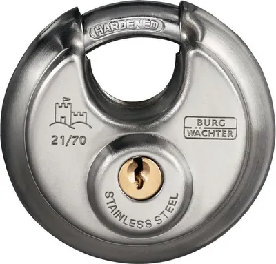 Produktbild von BURG-WÄCHTER Circle 21 70 SB, Rundbügelschloss, Vorhängeschloss mit Schlüssel, 10 mm Bügelstärke, Edelstahlkorpus, Messingschloss, Kneifschutz