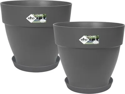 Image de 2 pots de fleurs ronds noirs, 22 l, avec soucoupes, Ø 21 x 2,8 cm + Loft, Ø 29,8 x 25,8 cm