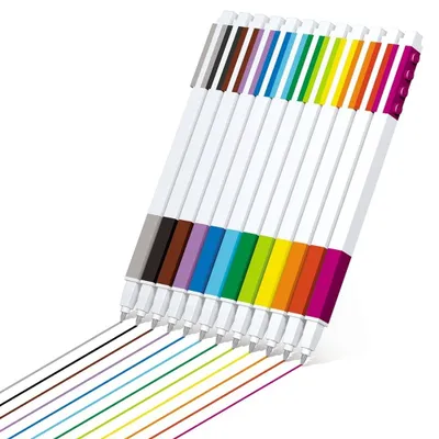A set of colorful pens drawing lines on a white background.