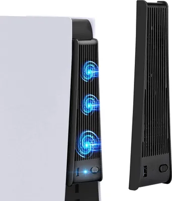 A black cooling fan accessory attached to the side of a white PlayStation 5 console.