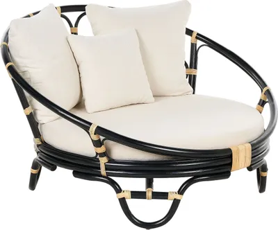 Produktbild von BELIANI Sonneninsel Schwarz Rattan mit Polsterauflage Beige Stoff Rund Boho Gartenmuschel Rattaninsel Loungemöbel Outdoor Garten Terrasse Ausstattung