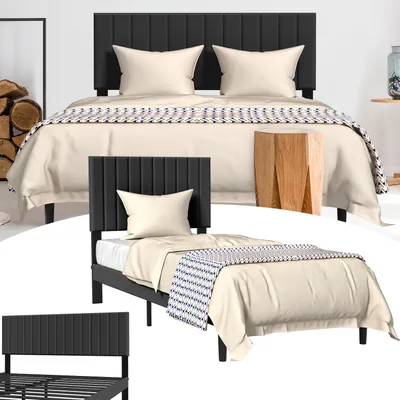 Produktbild von UISEBRT Stoff Plattformbett 140 x 200 cm, gepolstertes Kopfteil, Bettrahmen für Doppelbett, Bettgestell in Schwarz, modernes Design für Schlafzimmer