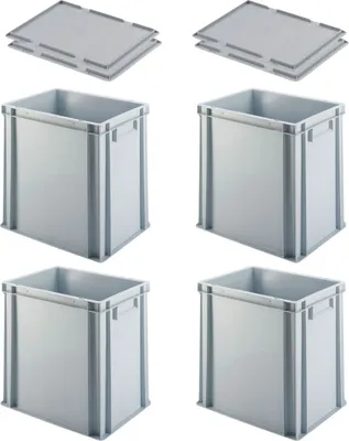 Produktbild von SuperSparSet 4x Eurobehälter mit geschlossenem Griff & Auflagedeckel | HxBxT 40x30x40cm | 37 Liter | Grau | Eurobox, Transportbox, Transportbehälter, Stapelbehälter