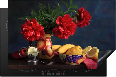 Produktbild von KitchenYeah© Herdabdeckplatte Ein Stillleben mit roten Pfingstrosen , 81x52cm, Küche Deko, Glaskeramikkochfeld Herdabdeckung, Abdeckplatte fùr Kochfeld