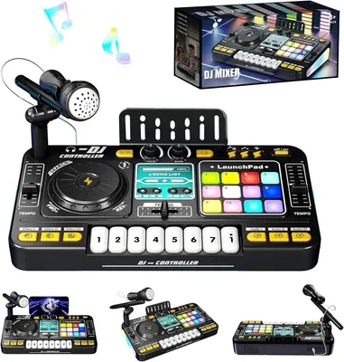 Productafbeelding van DJ-mengpaneel voor kinderen, interactief muziekspeelgoed met microfoon en 8 pianotoetsen