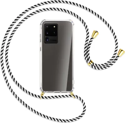 Produktbild von Handykette Backcover-Schutzhülle mit Band (Metall goldfarben) für Samsung Galaxy S20 Ultra - schwarz/weiß gestreift