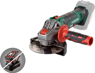 A cordless angle grinder is shown on a white background, with a separate inset image of a battery and charger.