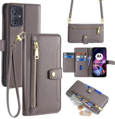 Produktbild von Handykette Motorola Hülle mit Band Handyhülle Kartenfächer Leder Umhängetasche Moto G54 Grau
