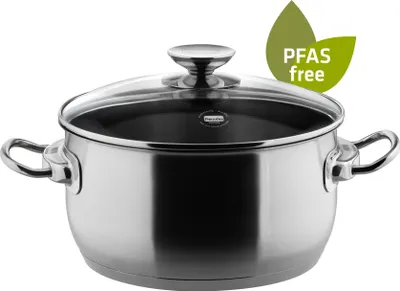 A stainless steel pot with a glass lid is shown against a white background.