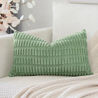 Produktbild von Set mit 1 Kissenbezug im Boho-Streifenmuster, einfarbiger Dekokissenbezug, Sofakissen, 30 x 50 cm, weiches Sofakissen für Wohnzimmer und Schlafzimmer, Bohnengrün