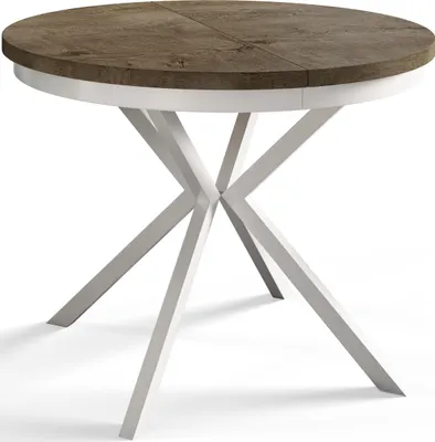 Produktbild von Runder Esszimmertisch BERG, ausziehbarer Tisch Durchmesser: 120 cm/200 cm, Wohnzimmertisch Farbe: Grau, mit Metallbeinen in Farbe Weiß