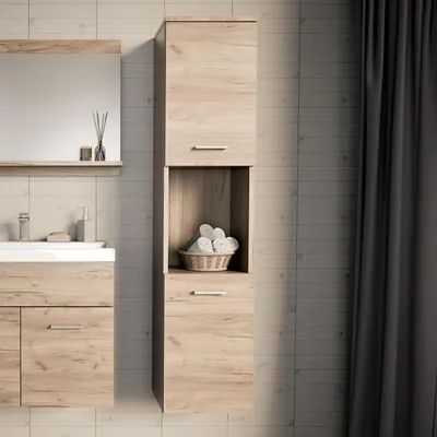 Produktbild von Hochschrank 'Krildihana' mit 2 Türen wandmontiert 131 x 30 x 30 cm Eicheoptik