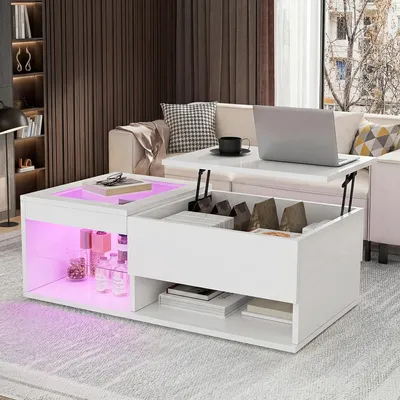 Obrázok produktu pre Konferenčný stolík ProximaX s vysokým leskom, sklenenou vložkou, RGB LED osvetlením, konštrukciou s výsuvnou doskou, úložným priestorom, diaľkovým ovládaním, biely