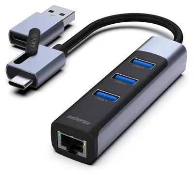 A product shot of a USB-C hub with multiple USB 3.0 ports and an Ethernet port.