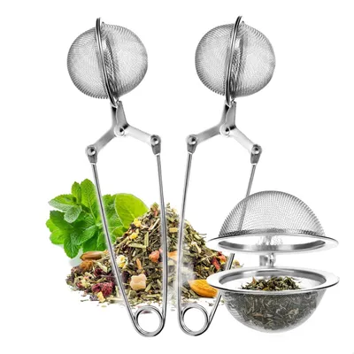 Produktbild von 2x Teesieb aus rostfreiem Edelstahl - Tee-Ei in Kugelform - leicht zu reinigende Siebzange für losen Tee, Gewürze und Kräuter - feinmaschiger Teefilter