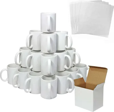 Image de 36 tasses pour sublimation, blanches, 325 ml, tasses à revêtement polymère, céramique de qualité supérieure, impression par transfert à chaud, coffret de présentation, lavables au lave-vaisselle, adaptées au micro-ondes, 5 feuilles de transfert ES