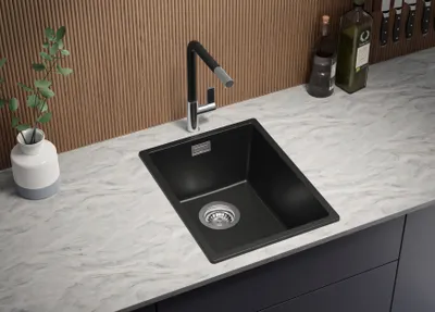 Produktbild von PRIMAGRAN Spülbecken Alles Schwarz 36x47cm, Granitspüle 1 Becken + Ablauf-Set, Küchenspüle ab 40er Unterschrank - London Slim