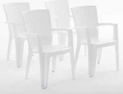Produktbild von 4er-Set Stühle aus Polypropylen monoblock, stapelbar mit Armlehnen, wasserbeständig, Rattan-Effekt für Garten, Terrasse, Restaurant, Bar, leicht zu reinigen - Diana - Weiß