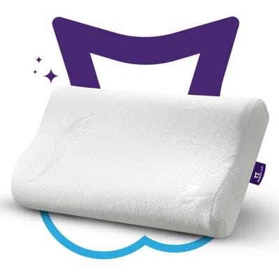 A white memory foam pillow with an ergonomic shape, presented on a white background with graphic elements.