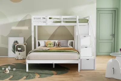 Produktbild von MODFU Etagenbett Kinderbett 90x200cm+140x200cm mit Garderobe, Hochbett mit Rausfallschutz, Massivholzbett Stockbett mit Lattenrost und Stauraum Treppe, Jugendbett Bettgestell, Weiß