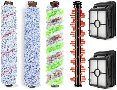 A collection of vacuum cleaner brush rolls and filters.