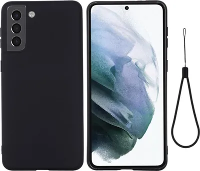 A black phone case and a smartphone are displayed side-by-side, with a black lanyard on the right.