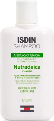 A white bottle of ISDIN Nutradeica shampoo for oily dandruff.