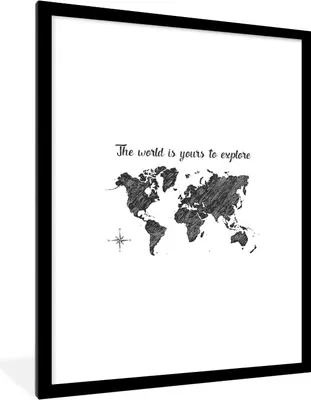 Produktbild von MuchoWow® Gerahmtes Poster Weltkarte - Zitate - Schwarz 60x80 cm - Poster mit Schwarzem Bilderrahmen Wandposter Rahmen Foto Bilder - Wohnzimmer - Dekorationen - Prämie