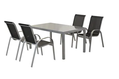 Produktbild von Merxx Gartenmöbel Set Amalfi schwarz 5tlg., 4 Stapelsessel, 1 Tisch 150 x 90 cm - Aluminium/Textil