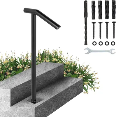 Produktbild von Handlauf 95CM Höhe Schmiedeeisenhandlauf Belastbarkeit 91KG Rundrohr, Eingangsgeländer Formschön Schwarz Zwei-Treppen Treppengeländer Edelstahl Geländer für Außentreppen