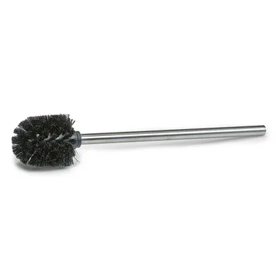 A toilet brush with a silver handle and black bristles on a white background.