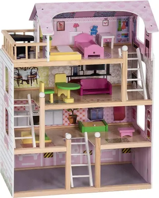 Produktbild von COSTWAY 4 Etagen Puppenhaus Holz Puppenstube Puppenvilla Spielzeughaus mit Moebel Zubehör 81 x 60,5 x 29,5 cm