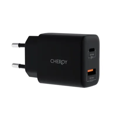 Productafbeelding van CHEROY 30W Wall Charger – Snellader – USB A / USB C Adapter – Oplader – Dual Port Power Delivery – QuickCharge 3.0 – Zwart