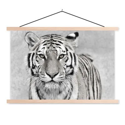 Produktbild von MuchoWow® Textilposter Tiger - Natur - Schwarz - Weiß 120x80 cm mit holzfarbenen Rahmen - Aufhängeset