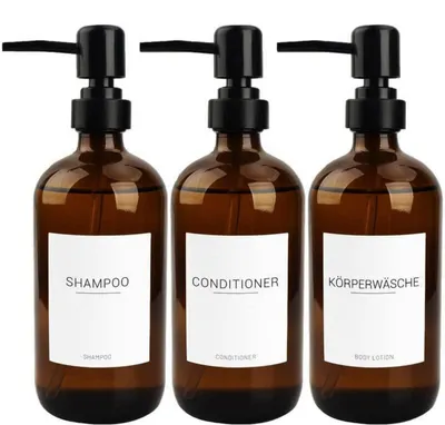 Immagine prodotto di Set di 3 dispenser per sapone in vetro marrone da 500 ml, con 22 etichette, pompa nera
