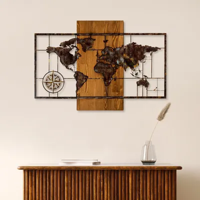 Image de Wallity, World Map With Compass 5, Accessoire mural décoratif en bois, 100 % BOIS / MÉTAL, noyer, 58 x 85 cm