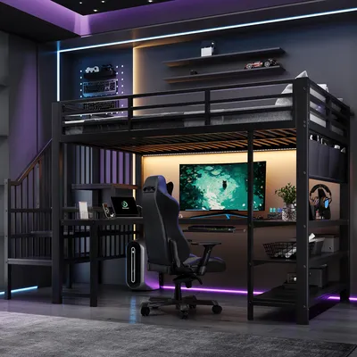 Produktbild von Gaming-Hochbett 120 x 200 cm mit U-förmigem Schreibtisch, Tastaturauszug, EU-Steckdose, Regalen, Treppe und LED, Metallbett Schwarz