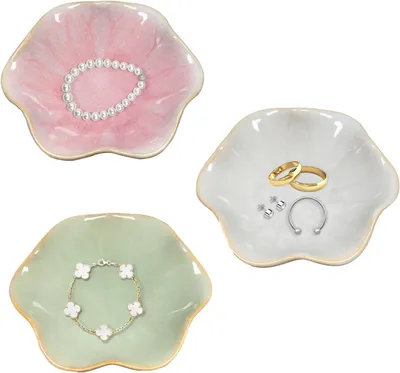 Produktbild von 3 Stück Keramik Schmuckschale, Blumenform Schmuckteller, Deko Schmuck Schale, Jewelry Tray Aesthetic Room Decor, Ringschale für Schlafzimmer, Schminktisch, Nachttisch (Rosa + Grün + Grau)