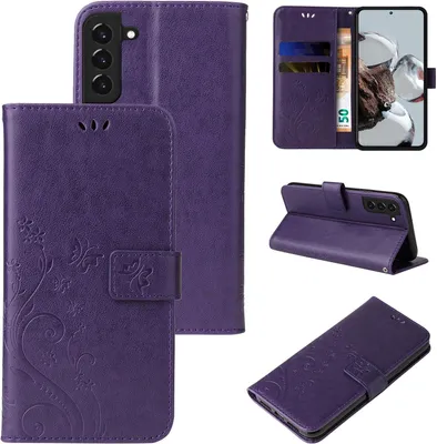 Produktbild von Handyhülle für Samsung Galaxy S22+ Floral Blumen Schmetterling Flip Cover Hülle Case Klapphülle Handytasche Farbe: Violett