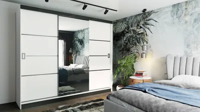 Produktbild von RETRO-4 Schiebetürenschrank 200x205, Kleiderschrank, 3-türig, mit Spiegel - Weiß + Weiß + Schwarz