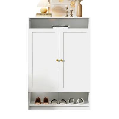 Produktbild von Merax Schuhschrank Schuhkipper, Schuhkommode mit 2 Türen, Verstellbare Regale, 2 Verstellbare Einlegeböden, Schuhablage, B73xT34xH109 cm, Weiß