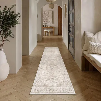 Image de Tapis de couloir beige lavable, dimensions 60 x 180 cm, idéal pour la cuisine et l'entrée