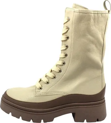 A side view of a beige and brown lace-up boot.