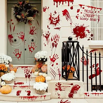 Produktbild von Gruselige Halloween Fensterdekoration mit blutigen Handabdrücken, 9 Bögen und 96 Stück Horror Aufkleber für die Halloweenparty