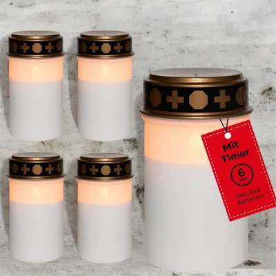 Produktbild von Novaliv Grablicht LED mit Batterie und Timer 6/18 5 Stück weiß Dauerbrenner Grablichter LED Kerzen Outdoor LED Grabkerze mit Batterie Friedhofskerze Gedenkkerze Ewiges Licht LED Grableuchte
