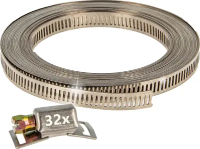 Produktbild von tecuro Endlosband - Schlauchschellen - Set: Band 5 m x 8 mm, Chromstahl W2, inkl. 32 x Gehäuse