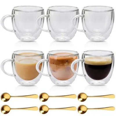 Zdjęcie produktu dla Szklanki do Latte Macchiato z podwójnymi ściankami, pojemność 250 ml, z uchwytem i łyżeczką, zestaw 6 sztuk, odporne na wysokie i niskie temperatury