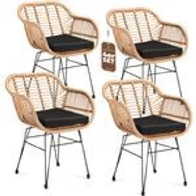 Produktbild von CASARIA® Gartenstühle 4er Set Polyrattan inkl. 5cm Auflagen Boho-Stil Gartensessel Wetterfest mit Armlehne Garten Terrasse Balkon Stuhl Sessel Outdoor