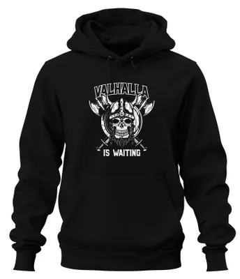 Productafbeelding van Valhalla wacht. Wikingerschild, bijl, schild, Odin, runen, Asgard. Uni hoodie, zwart, maat S
